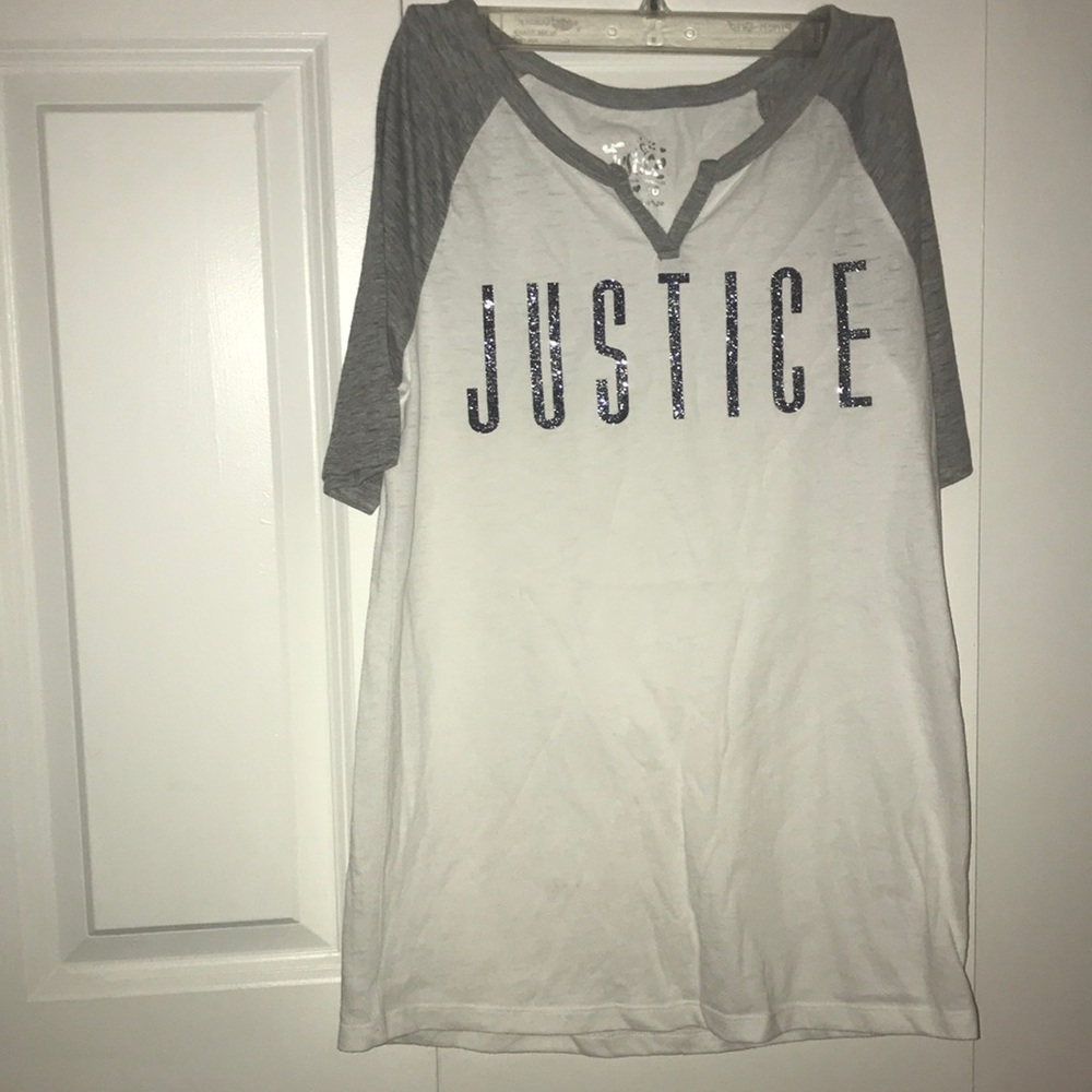 A gray & white tee with sparkling Justice letters!